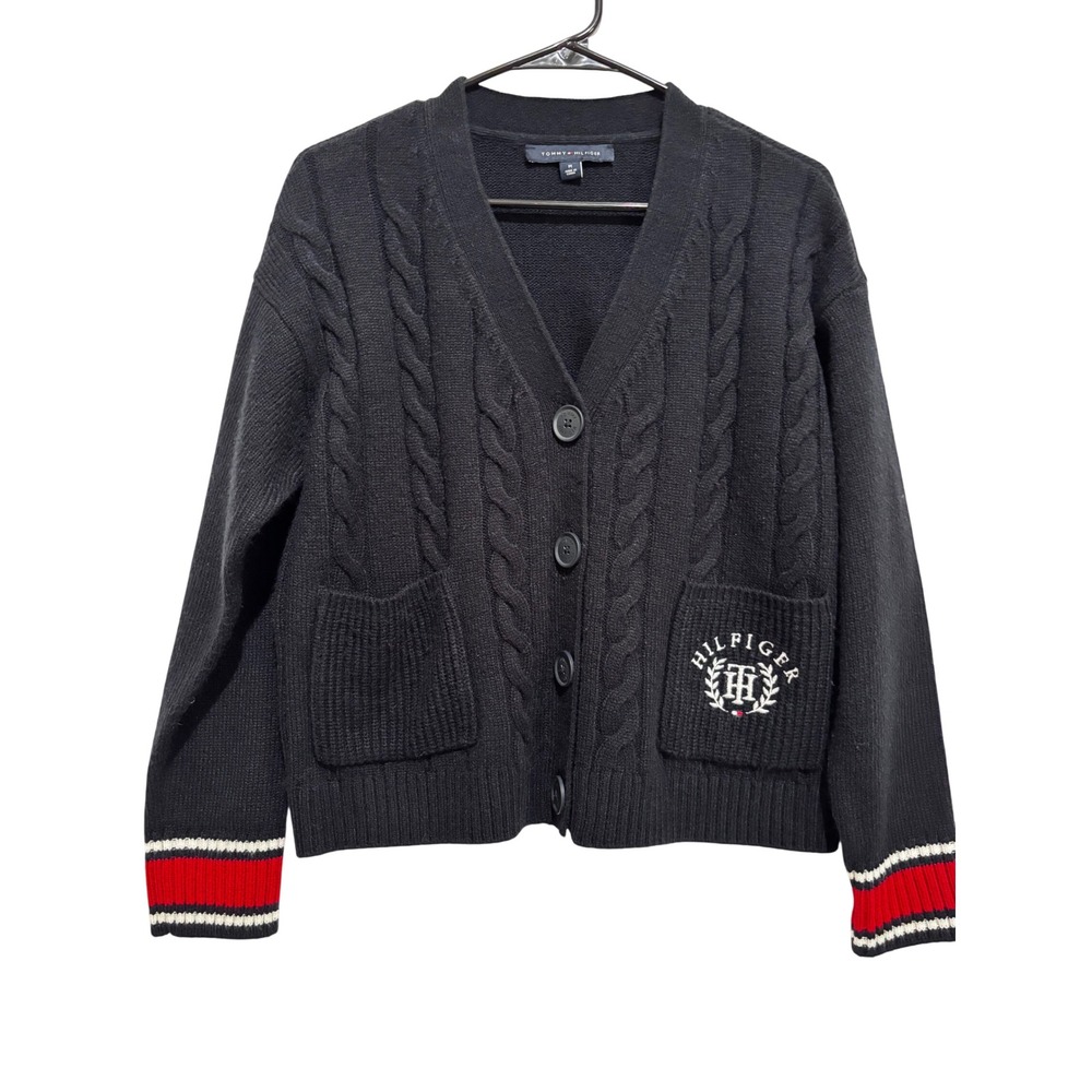 Tommy Hilfiger Navy Cable Knit Cardigan Varsity Sweater Logo M academic preppy